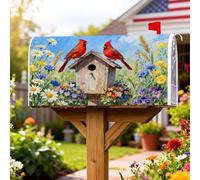 Coperture magnetiche per cassette postali con uccelli, copertura per cassetta postale rossa primaverile rustica con fiori primaverili per decorazione da giardino e cortile, 53 x 64 cm