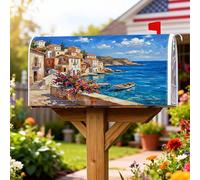 Coperture magnetiche per cassette postali con villaggio costiero, copertura per cassetta postale blu nautica rustica con fiori e barca, decorazione per giardino e cortile, 45,7 x 53,3 cm