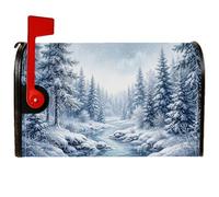 Coperture magnetiche per cassette postali invernali con foresta innevata | Paesaggio invernale della foresta, involucri delle cassette postali, pini innevati, paesaggio di torrente congelato
