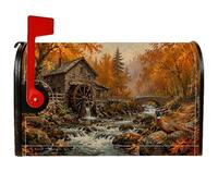 Coperture magnetiche per cassette postali rustiche autunnali 53 x 63 cm | fagiano, copertura della posta della cassetta postale, torrente del bosco, ponte di pietra, architettura rustica
