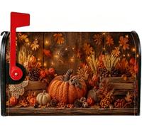 Coperture magnetiche per cassette postali rustiche autunnali a tema zucche | Struttura a maglia, involucro per cassetta postale, sfondo rustico in legno, tema raccolto, resistente alle intemperie