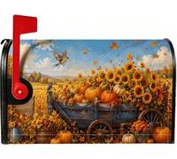 Coperture magnetiche per cassette postali rustiche autunnali con girasoli | Carro rustico, involucri per cassette postali, scena del raccolto, paesaggio di campagna, decorazione stagionale