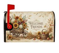 Coperture magnetiche per cassette postali rustiche con girasoli raccolti 53 | Carro rustico, copertura per cassetta postale, cesto di frutta, steli di grano, stile fattoria, saluto stagionale