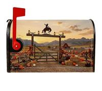 Coperture magnetiche per cassette postali Western Cowboy autunnali, 53 x 63 | Tema occidentale, involucri per cassette postali, fienile rustico, zucche del raccolto, paesaggio montano al tramonto