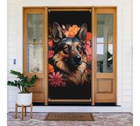 Coperture natalizie per porta d'ingresso, divertenti fiori colorati, pastore tedesco, autunno inverno, sfondo da appendere per esterni e interni, decorazione da parete per portico, 1,8 x 0,9 m