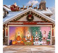 Coperture natalizie per porte da garage, 398,8 x 180,3 cm, tema natalizio | Tema di transizione stagionale, decorazioni per porte del garage, zucche e alberi sempreverdi, personaggi animali fantasiosi
