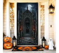 Coperture per porta d'ingresso con castello gotico per Halloween, 91 x 182 | Arco gotico, banner portico, luna piena, architettura in pietra spettrale, ingresso infestato, trasformazione stagionale