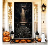 Coperture per porte di Halloween a tema casa infestata del teatro | Tema della casa infestata, striscione portico, atmosfera spettrale, estetica dell'edificio abbandonato