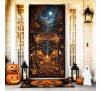 Coperture per porte di Halloween Camp Boo Forest Scene Campfire 91 x 182 cm | Paesaggio spettrale della foresta, cartello per porta d'ingresso, lanterne di zucche luminose, tema avventura in campeggio
