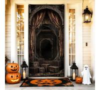 Coperture per porte di Halloween con arco gotico e castello 91,4 x 182,9 cm | Architettura del castello gotico, cartello per porta d'ingresso, tende Tattered, dettagli ragnatela, atmosfera sospense