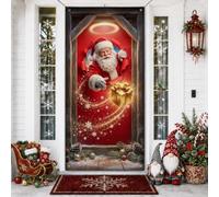 Coperture per porte di Natale con Babbo Natale, 91 x 182 cm | Fantasioso tema festivo, sfondo porta d'ingresso, design scatola regalo dorata, fiocchi di neve vorticosi magici