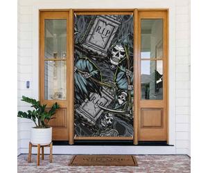 Coperture per porte di Natale per porta d'ingresso, motivo divertente triste mietitore, lapidi, per autunno inverno, striscione da appendere per esterni, interni, verande, decorazioni da parete