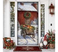 Coperture per porte rustiche invernali con scena natalizia, 91,4 x 182,9 cm | Targa rustica per porta d'ingresso, paesaggio innevato, vagone regalo per le vacanze, ghirlanda sempreverde