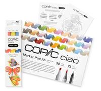 Copic Ciao LAYER & MIX Starter Set Brilliant, set di pennarelli con 3 diversi colori, carta evidenziatore e modello da disegno da cancellare, con foglio di esercizi per conoscere