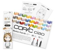 Copic Ciao LAYER & MIX Starter Set Mellow, pennarello con 3 diversi colori, carta pennarello e modello da disegno, incluso foglio di allenamento per conoscere