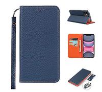 Copmob iPhone 11 Cover,Vera Pelle Flip Portafoglio Custodia in Pelle Genuine,[3 Porta Carte][Chiusura Magnetica][Blocco RFID],Custodia Case Cover per iPhone 11 - Blu Scuro