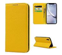 Copmob iPhone XR Cover,Flip Vera Pelle Portafoglio Custodia in Pelle Genuine,[4 Slots][Chiusura Magnetica],Custodie Case Cover per iPhone XR - Giallo