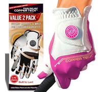 Copper Tech Guanti da golf da donna per destrorsi o golfisti mancini, confezione da 2, supporto articolato a compressione in rame con vestibilità flessibile e confortevole (bianco/fucsia, medio-grande