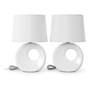 Coppia Abat Jour Camera da Letto Set 2 Lumetti Comodino Ceramica Bianca e Paralume in Tessuto Moderni Lampade da Tavolo Attacco Piccolo E14 Max 40W Altezza 27cm per Soggiorno camerette eleganti