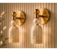 Coppia Applique Parete Alabastro, Lampada Ottone Zigrinato, Bagno Luxury