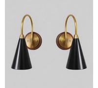 Coppia Applique Parete Ottone Dorato Cono Paralume Nero, Illuminazione Modern