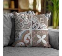 Coppia Cuscini Arredo Jacquard Fantasia Maioliche Cementine Moderni Quadrati 50x50 cm Sfoderabili Imbottiti (Fango)