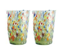 Coppia Di 2 Due Murano Occhiali Bere Bicchiere Verde Multi Mano Fatto Millefiori