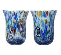 Coppia Di 2 Due Murano Vetro Bere Bicchiere Multi Blu Fatto a Mano Millefiori