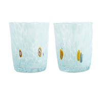 Coppia Di 2 Murano Occhiali Bere Artistico Bicchiere Azzurro Fatto Millefiori