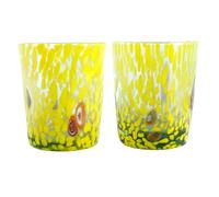 Coppia Di 2 Murano Occhiali Bere Artistico Bicchiere Giallo Fatto Millefiori