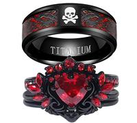 Coppia di anelli coordinati con ali nere e teschio da 1,5 ct, con zirconia cubica rossa, da donna, set di anelli punk, women size7 & men size11, Carta, Zirconie sintetico
