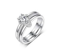 Coppia di anelli dell'amicizia da donna a tre file con taglio rotondo 1 ct moissanite 9 k oro bianco 1 (19,4)