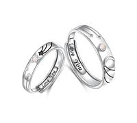 Coppia di anelli in argento Sterling 925 abbinati anelli di fidanzamento anelli sole e luna anelli lui e lei anelli regolabili I Love You Promise per gli amanti, Argento