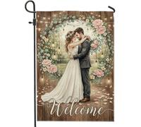Coppia di bandiere da giardino, romantiche bandiere rustiche di benvenuto per matrimonio verde su entrambi i lati piccola bandiera da giardino per esterni prato anteriore portico patio ingresso 30,5 x