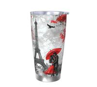 Coppia di bicchieri con coperchio con pittura a olio e portabicchieri termici per auto, Torre Eiffel di Parigi, da 590 ml, in acciaio inox, da viaggio, per bevande calde e fredde