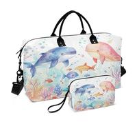 Coppia di borsoni da viaggio Fish Sea World, con borsa da toilette e tracolla regolabile, per viaggi, palestra, yoga, fine settimana, Multicolore, Taglia unica, Beauty case