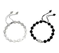 Coppia di bracciali in argento 925 con cordino regolabile, agata nera, pietra occhio di gatto e Pi Xiu, charm buddista, confezione regalo inclusa, design con perline bianche e nere