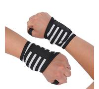 Coppia di fasce da polso elastiche nere con passante per il pollice, in nylon e poliestere. Ideali per sollevamento pesi, powerlifting, bodybuilding, allenamento di forza e CrossFit. Taglia unica.