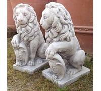 COPPIA DI LEONI LEONE IN CEMENTO E MARMO CON STEMMA ARALDICO DA PER GIARDINO