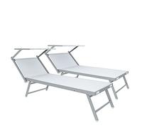 Coppia Di Lettini Prendisole 720 gr/m² Pieghevole Professionale In Alluminio Tettuccio Orientabile Parasole Sdraio Lettino Prendi Sole Mare Spiaggia Piscina Giardino 182 x 60 x 38 cm (Bianco)