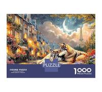 Coppia di lupi a Parigi Puzzle Città illuminata dalla luna Lupi che si coccolano 1000 Pezzi Cartone Resistente Per Ragazzi 14+, Difficile Ma Soddisfacente, Regalo Compleanno Originale 52x38cm/1000pcs