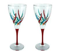 Coppia Di Murano Vino Vetro Dipinto a Mano Multi Rosso Stelo Venezia Italia