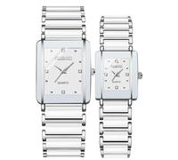 Coppia di orologi vintage da uomo e da donna, orologio al quarzo quadrato in ceramica per lui e per lei, set di orologi da uomo e da donna, con diamanti, bianco, Lusso