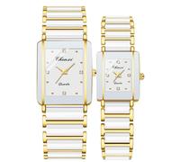 Coppia di orologi vintage da uomo e da donna, orologio al quarzo quadrato in ceramica per lui e per lei, set di orologi da uomo e da donna, con diamanti, Oro Bianco, Lusso