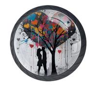 Coppia di pomelli e maniglie a forma di albero dell'amore, 4 pezzi, 35 mm, colore nero, rotonde, per armadio, mobili, 2 misure di viti incluse
