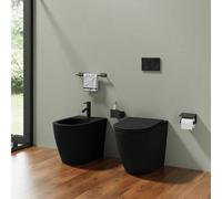 coppia di sanitari nero opaco, filo muro, senza brida, sedile ammortizzato