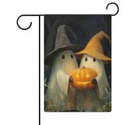 Coppia di simpatici fantasmi con zucca intagliata da giardino, bandiere stagionali in iuta su entrambi i lati, 30,5 x 45,7 cm