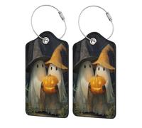 Coppia di simpatici fantasmi con zucca intagliata per valigie, confezione da 2 etichette per bagagli in pelle con patta per la privacy, etichetta identificativa con nome e anello in metallo, per donne