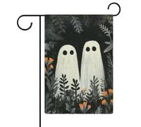 Coppia di simpatici fantasmi in giardino bandiera stagionale vacanza juta doppia faccia casa cortile esterno bandiere 30,5 x 45,7 cm