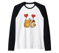 Coppia di Simpatici Gatti e Cani con Palloncini a Forma di Cuore Maglia con Maniche Raglan